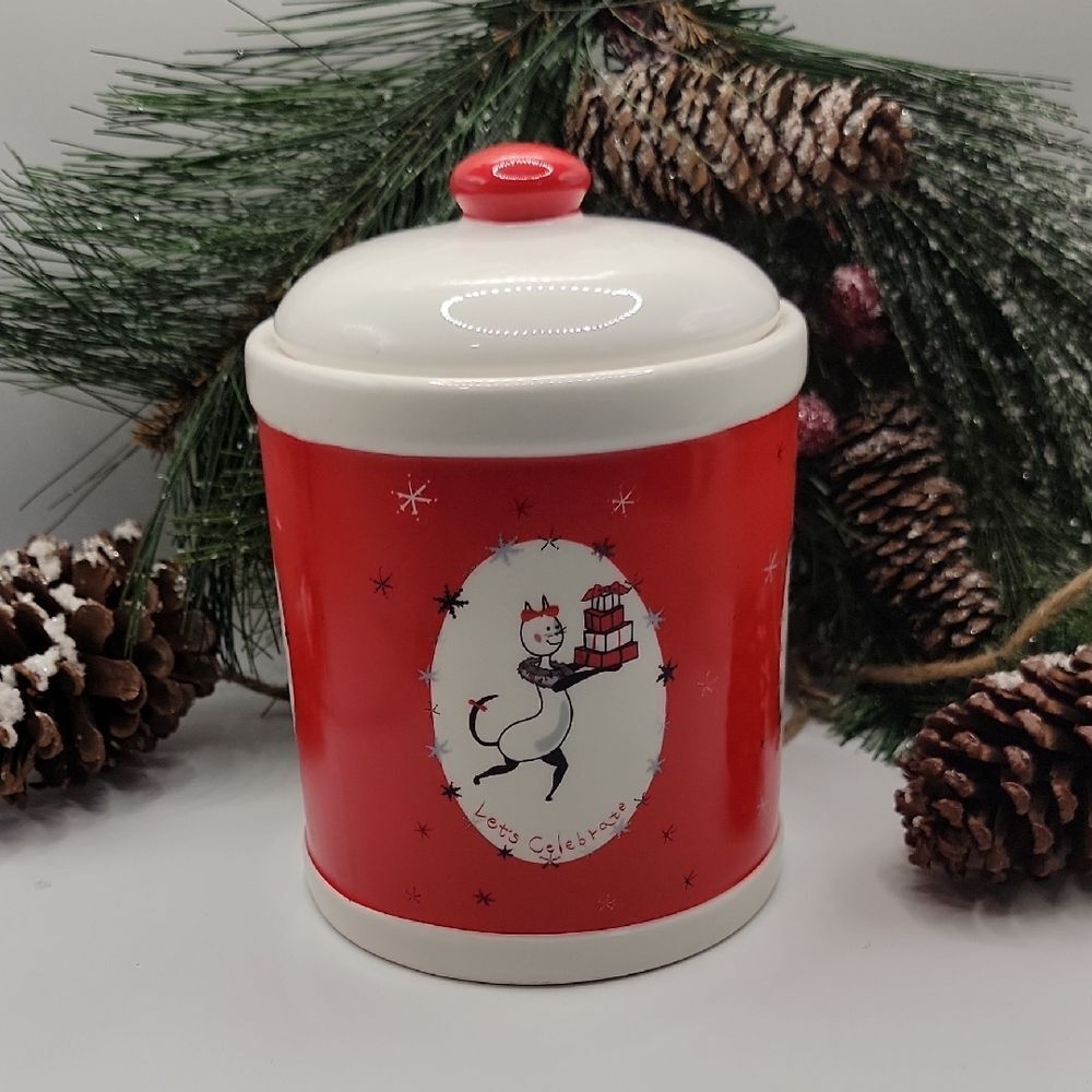 Let's Celebrate Kitty Treat Jar Ceramic Canister With Lid Christmas Themed